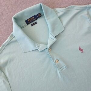 Polo Ralph Lauren Mens Classic Fit Cotton Polo Shirt Light Blue Pink Pony LG